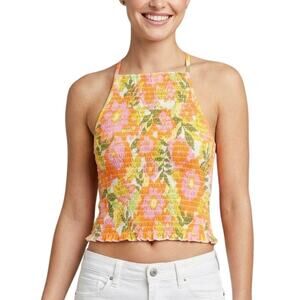 Billabong Smocked Halter Crop Top Floral Orange Size Small NWT